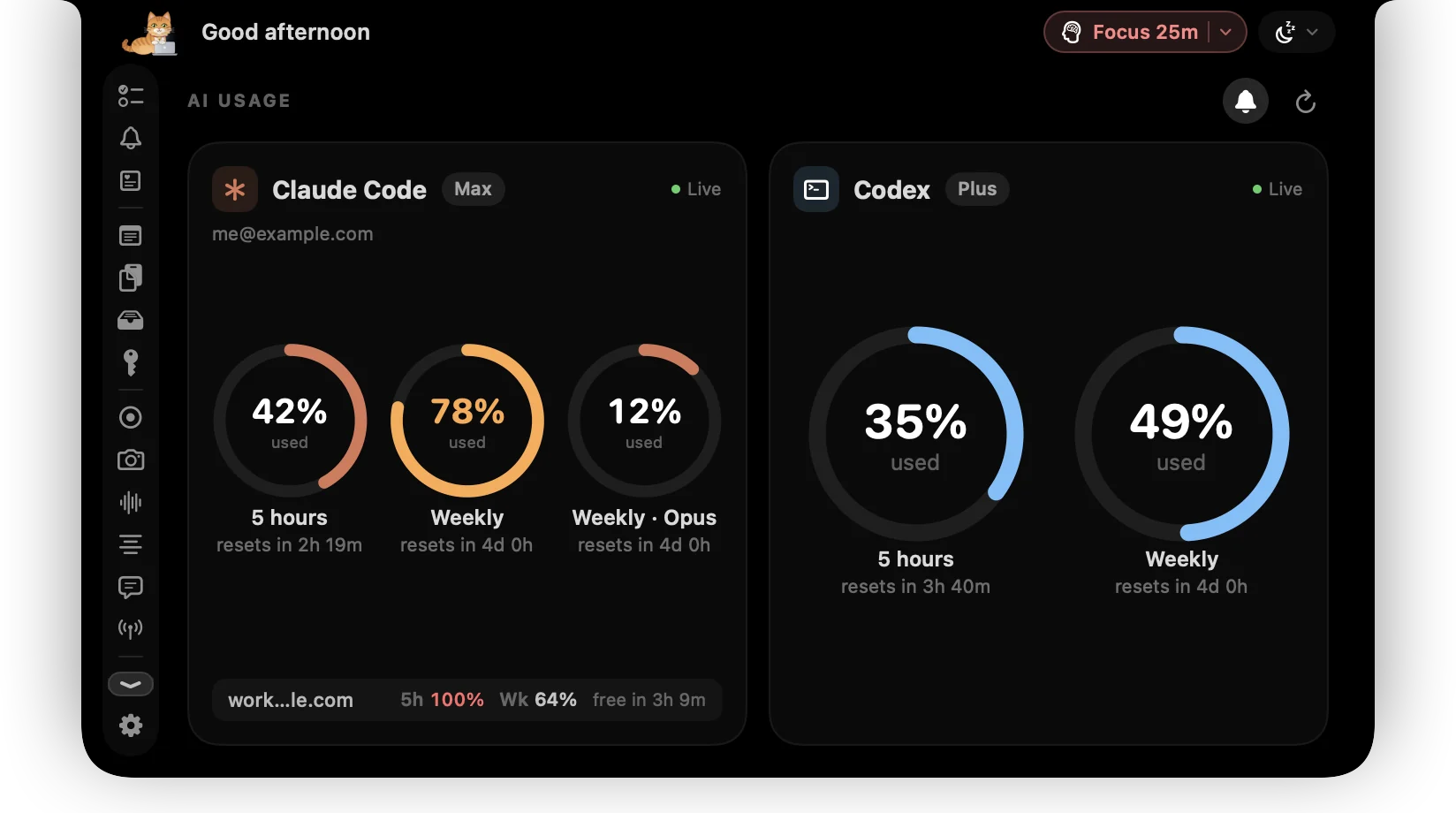 AI usage tab with Claude Code and Codex rate-limit bars