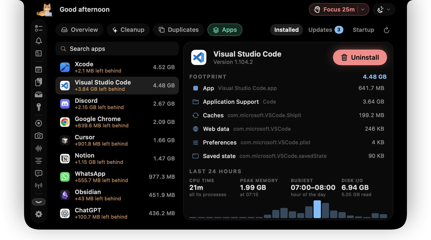 ctrlhq's Apps view: every app with its size and what it left behind, and Visual Studio Code's full footprint and last 24 hours of activity
