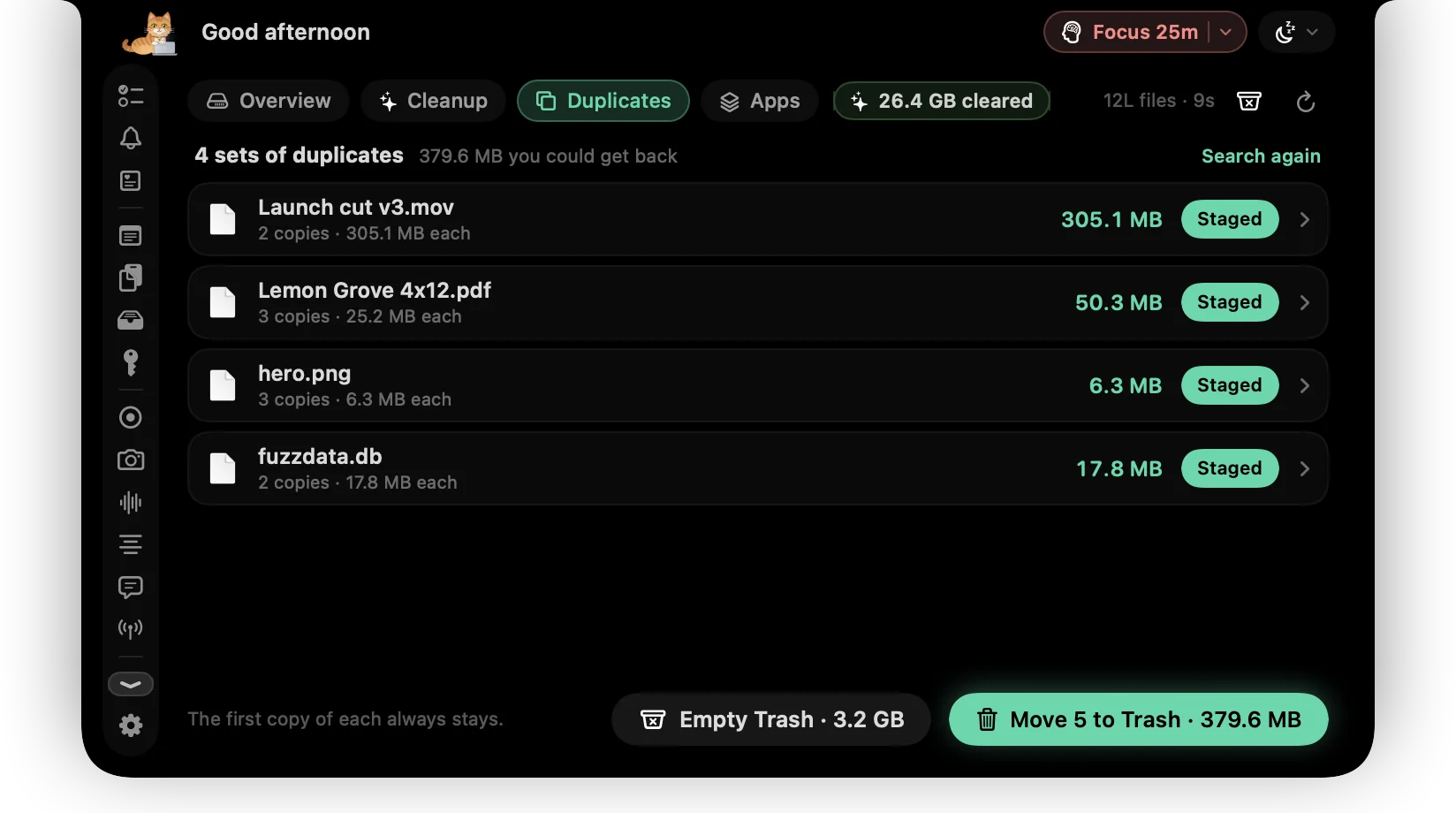 ctrlhq's duplicate finder with four sets of duplicate files and the space each would free