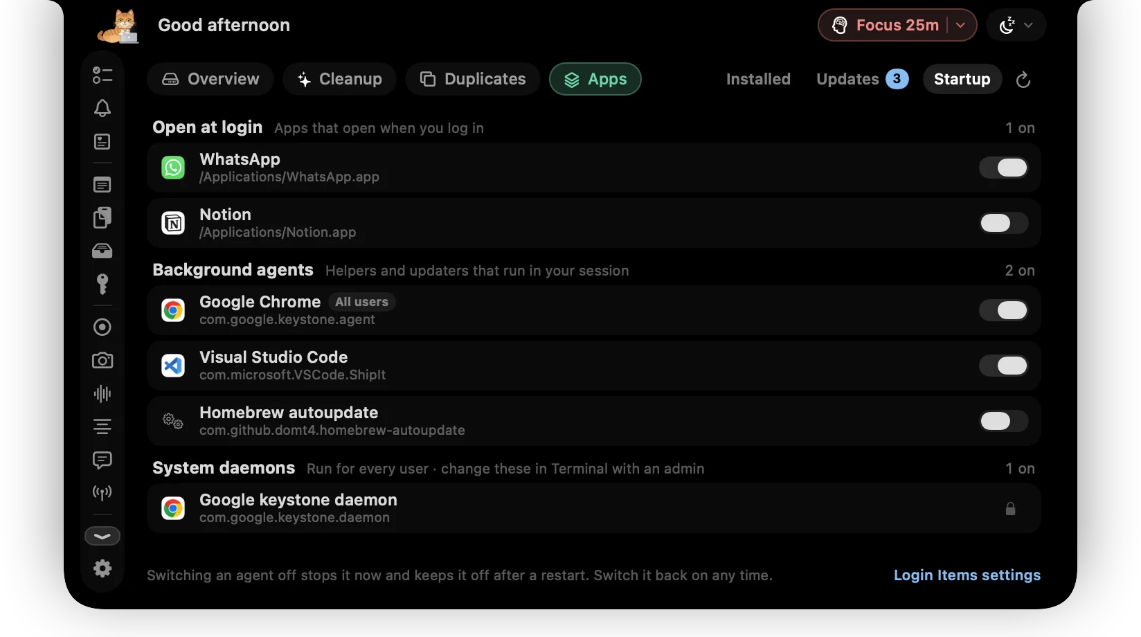 ctrlhq's Startup view with login items, background agents and system daemons, each with a switch