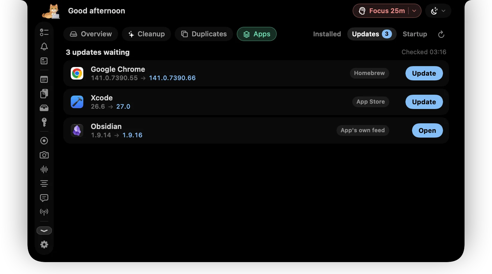 ctrlhq's Updates view with three apps to update from Homebrew, the App Store and the app's own feed
