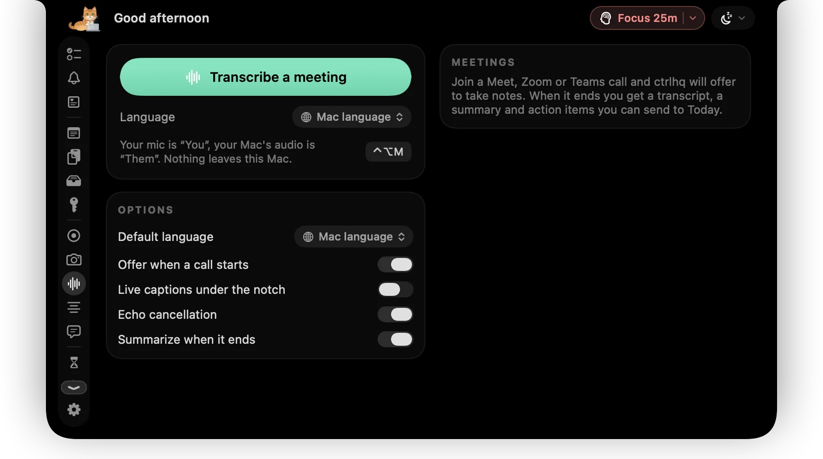 Meetings tab with transcription options