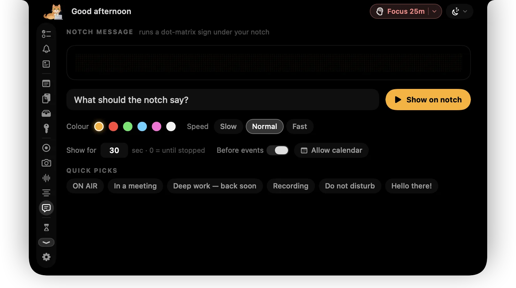 Notch message composer with colour and speed options