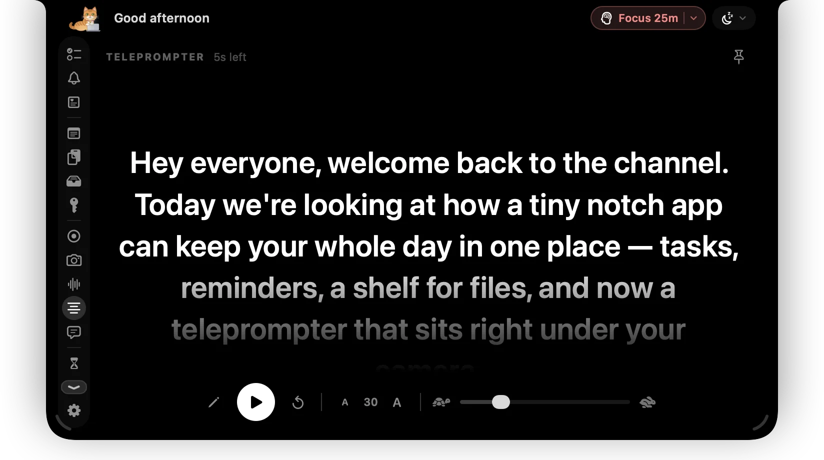 Teleprompter tab with a script, play button, text size and speed slider