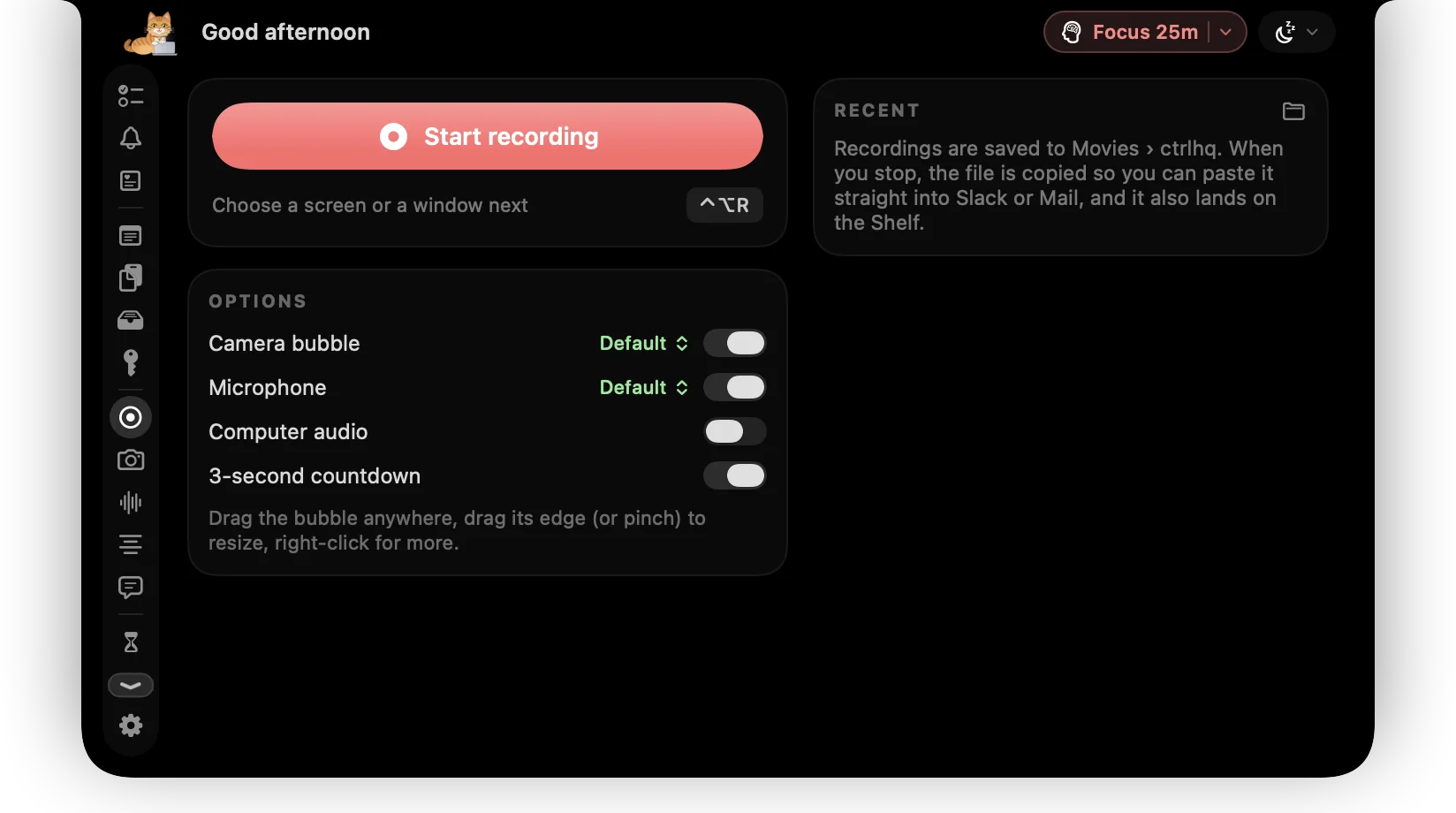 Record tab with camera, microphone, computer audio and countdown options