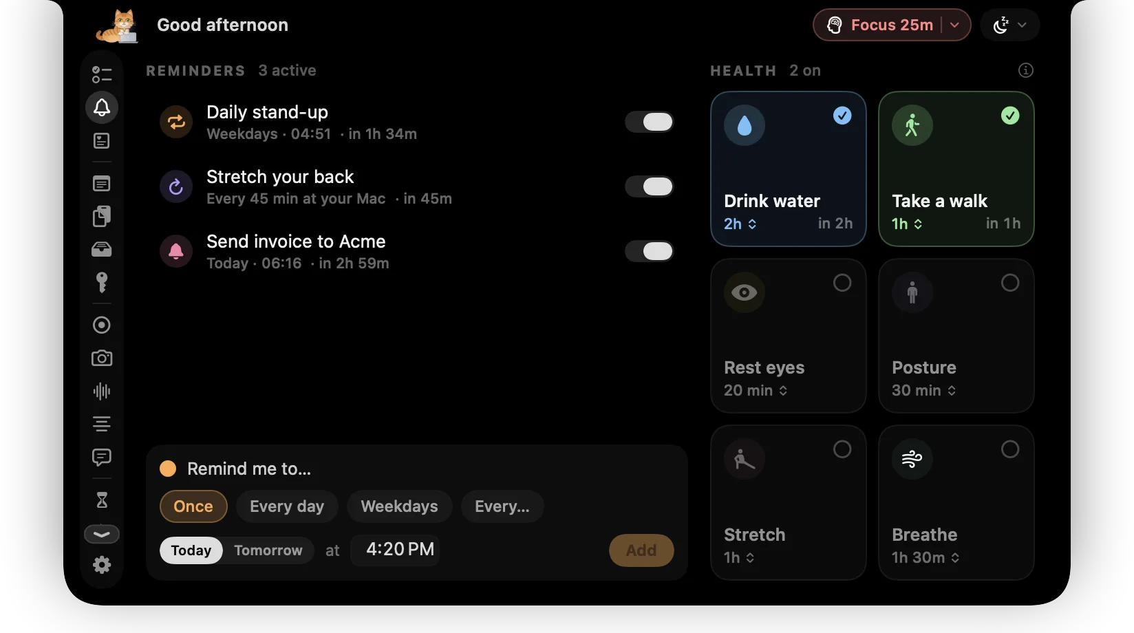 Reminders tab with custom reminders and health presets
