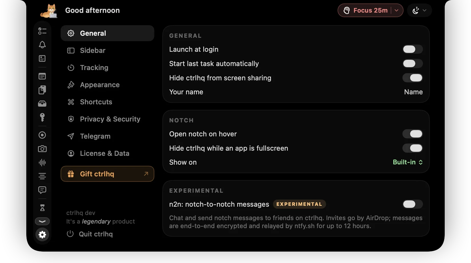Settings with general, tracking, shortcuts and permissions