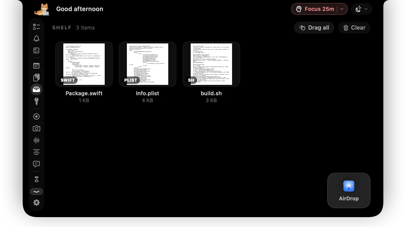 Shelf tab holding three files with an AirDrop target