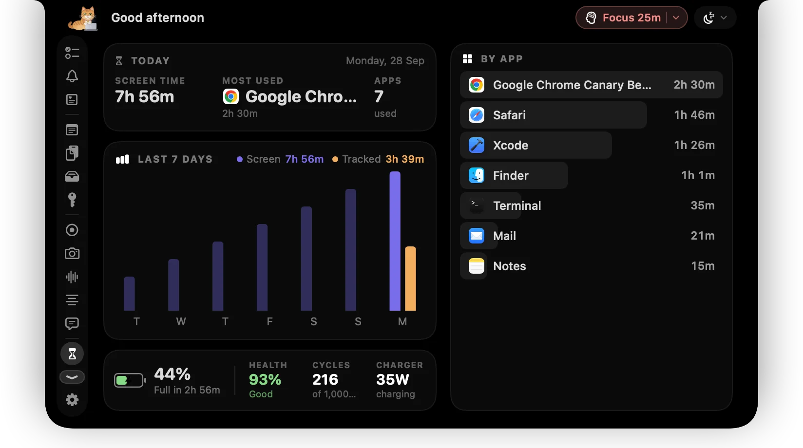 Usage tab with screen time per app, a seven-day chart and battery health