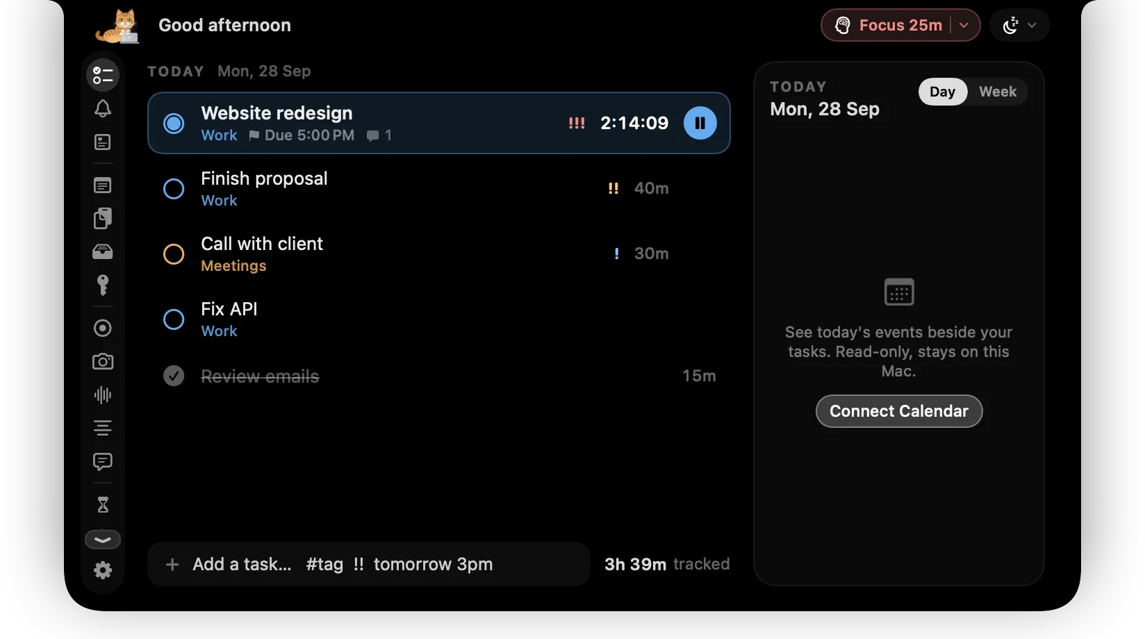 ctrlhq's expanded notch showing today's tasks and a running timer