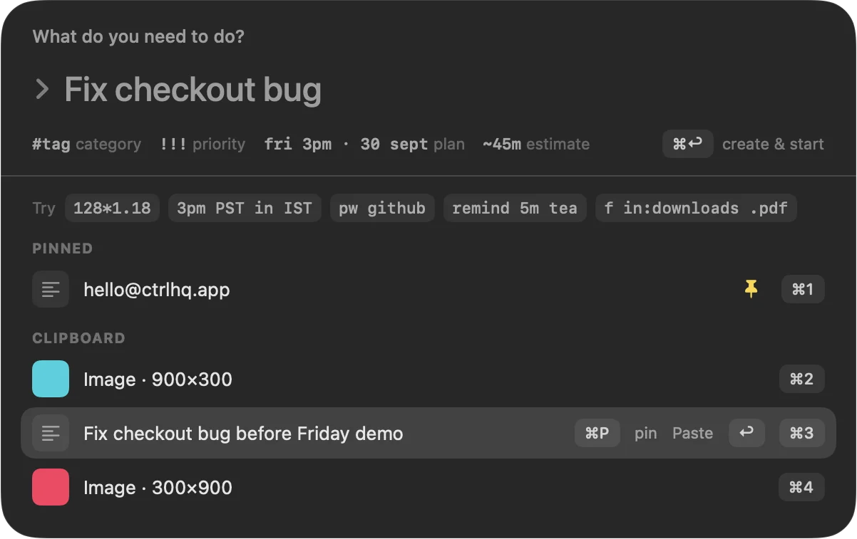 ctrlhq's power tool with a task being typed, suggestions, and pinned and recent clipboard items