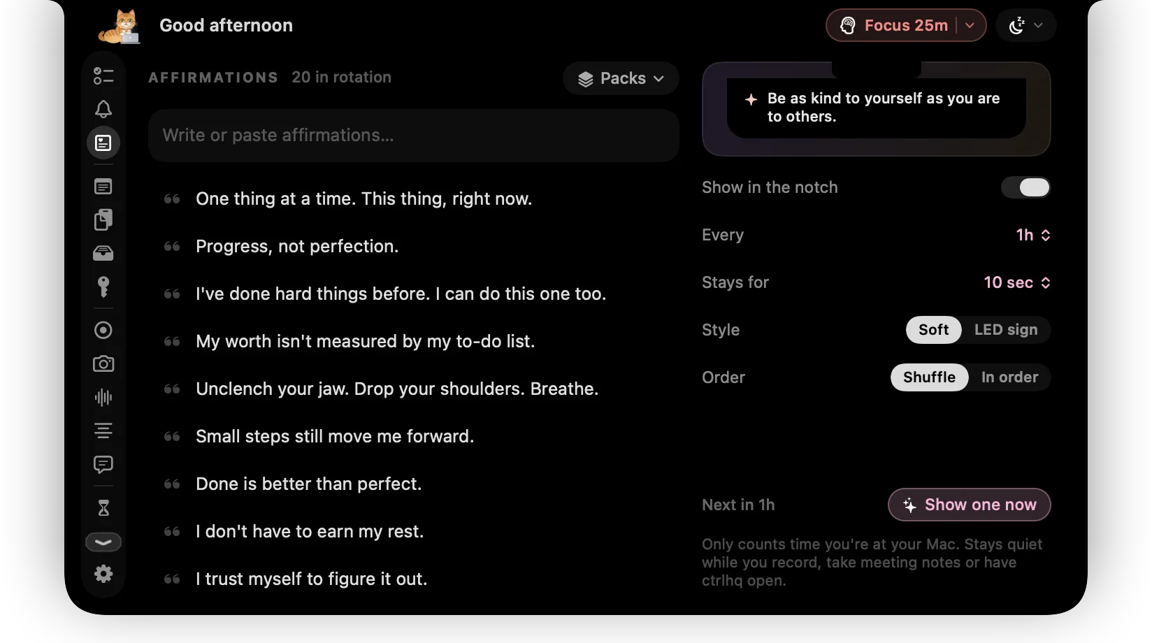 ctrlhq's Affirmations tab with a list of affirmations and a live preview