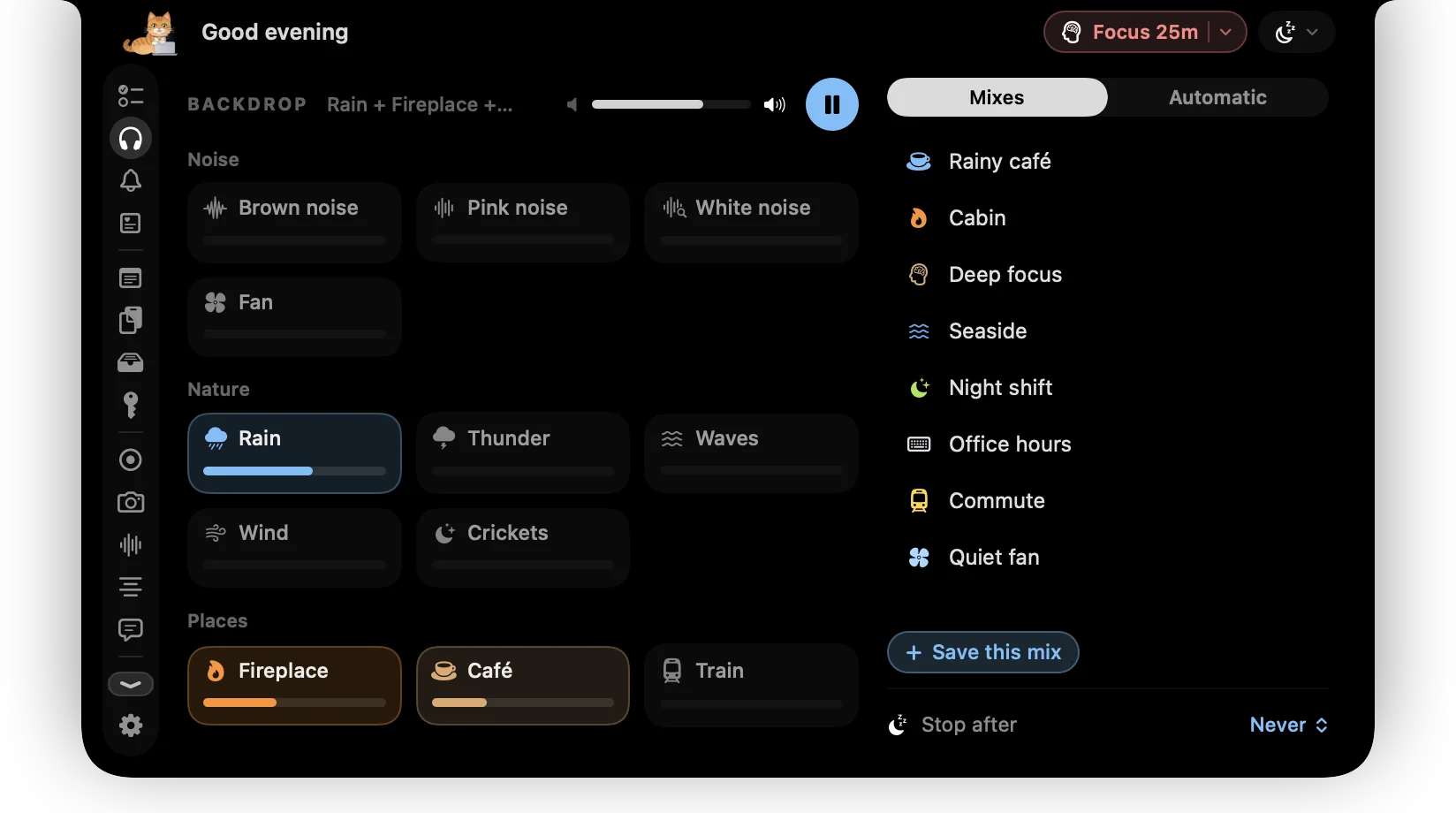 ctrlhq's Backdrop tab with rain, fireplace and café mixed, and saved mixes