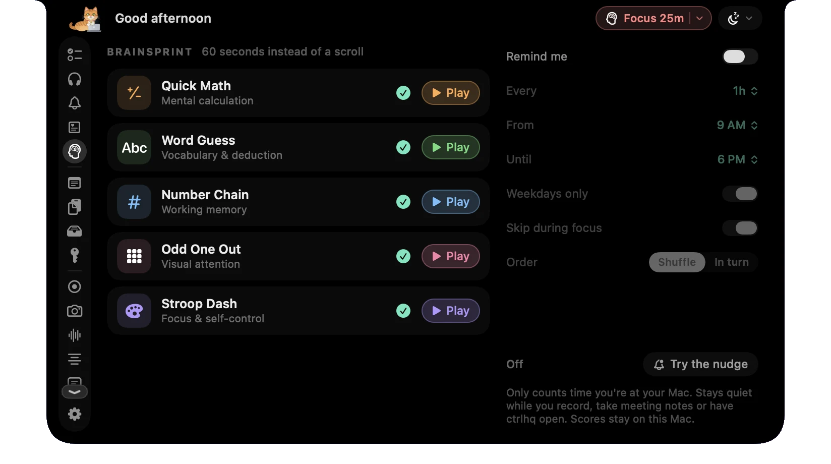 ctrlhq's Brainsprint tab with five games and the reminder schedule