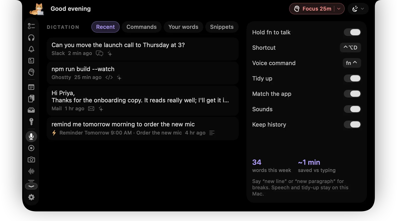 ctrlhq's Dictation tab with recent dictations, the app each went to, and dictation settings