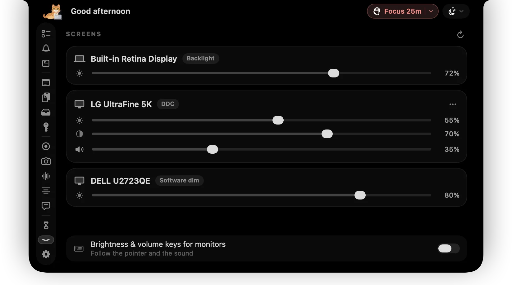 ctrlhq's Displays tab: brightness sliders for the built-in display and two external monitors, with contrast and volume for the one that supports DDC