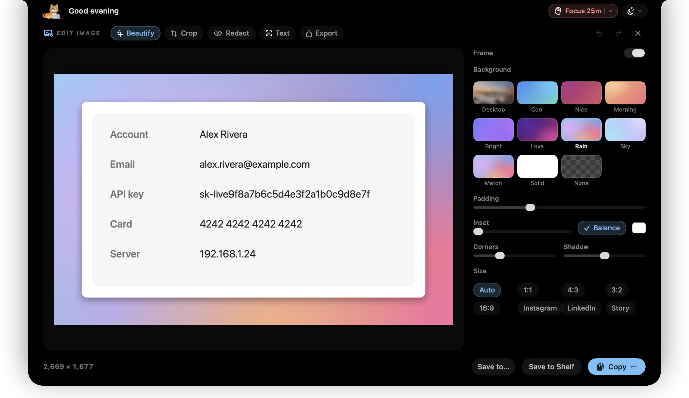 ctrlhq's screenshot editor: a screenshot on a soft gradient background with padding, rounded corners and a shadow, and the background picker beside it